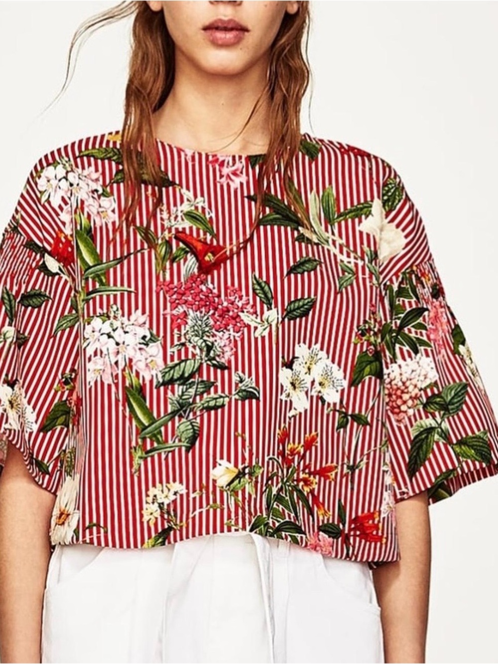 Zara Floral Stripe Red T Boxy Women's Top